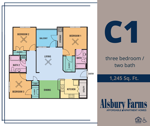 Floor plan for 3 beds, 2 baths, 1245 sqft